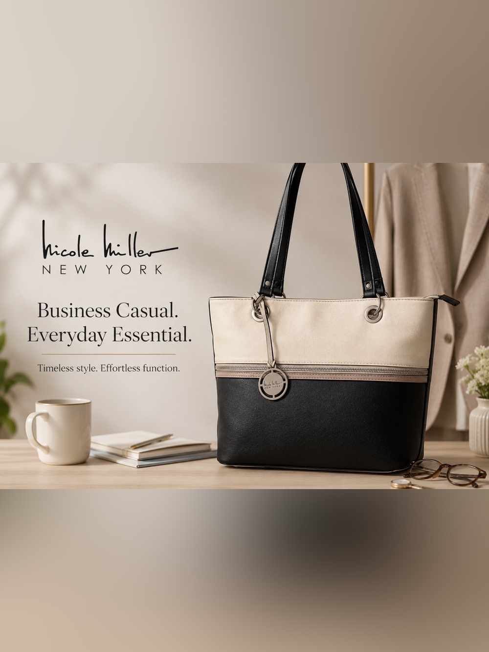 Nicole Miller New York Colorblock Tote Bag Black Cream Faux Leather Shoulder Bag